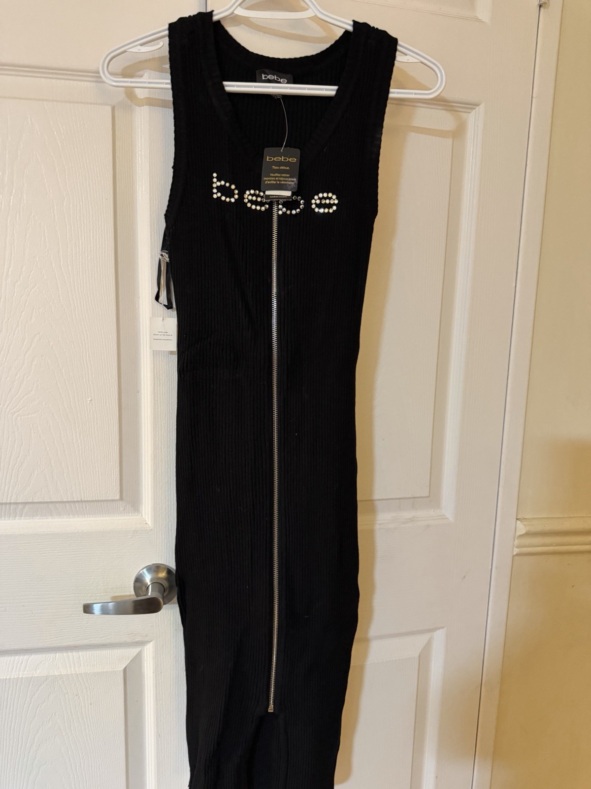bebe Black Ribbed V-Neck Tank with Embellished Logo Swarovski’s