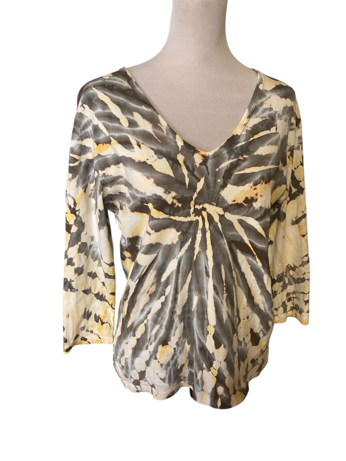 Glima 100% Cotton Boho V-neck 3/4 Sleeve Shirt Yellow Gray XL