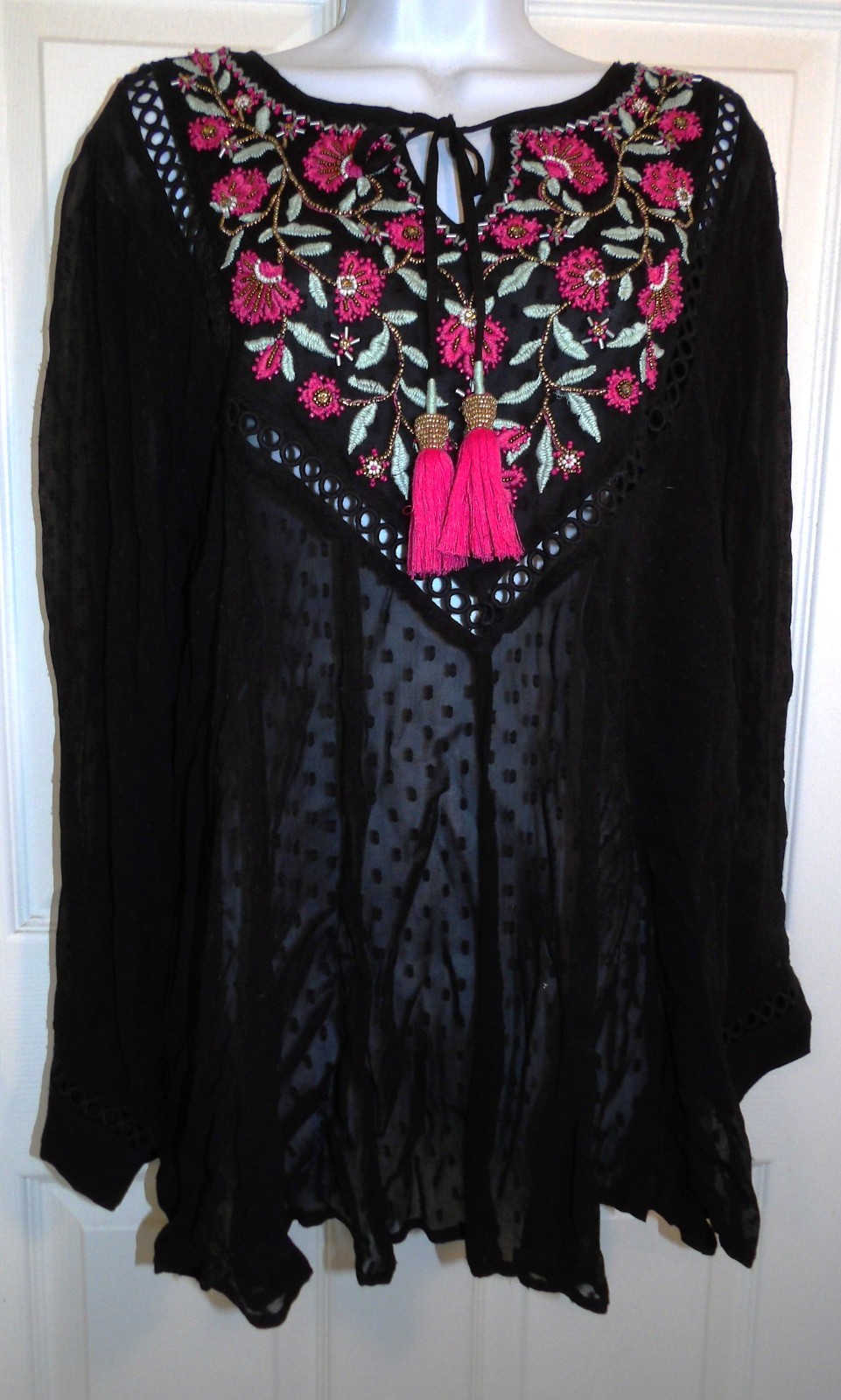 Gorgeous Black Semi-Sheer SOFT SURROUNDINGS LS Ornately Embroidered Blouse – Med