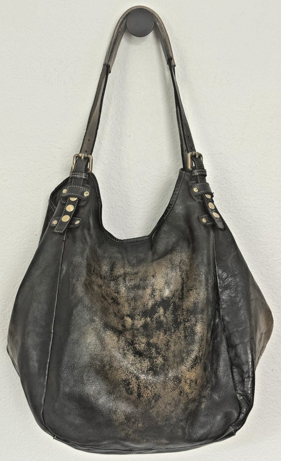 Lusher Soft and Slouchy Hobo Stone Washed Black Raw Onyx Italian Leather Studded