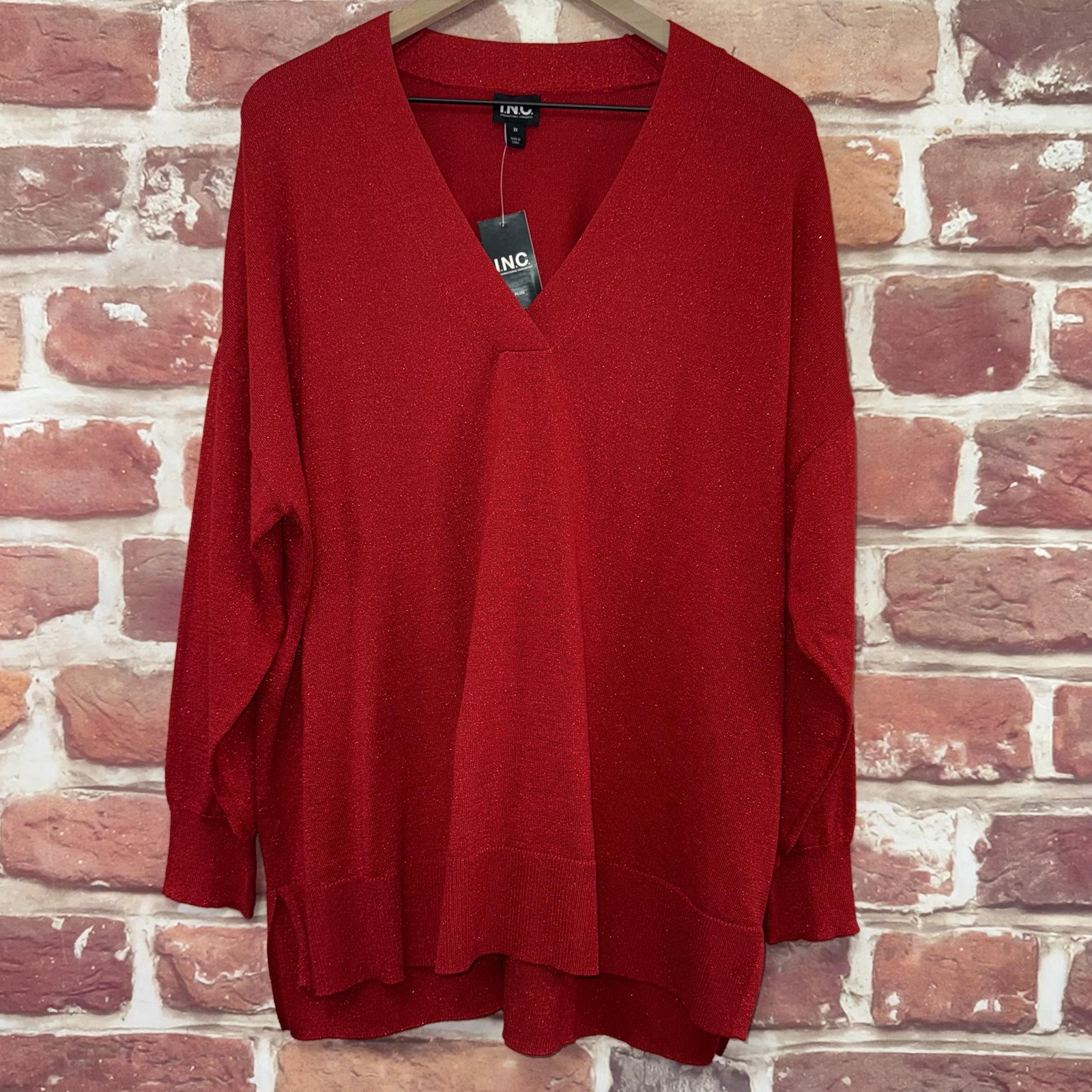 INC Sweater Womens 1X Red Metallic Sparkly Festive Knit Casual Evening Tunic