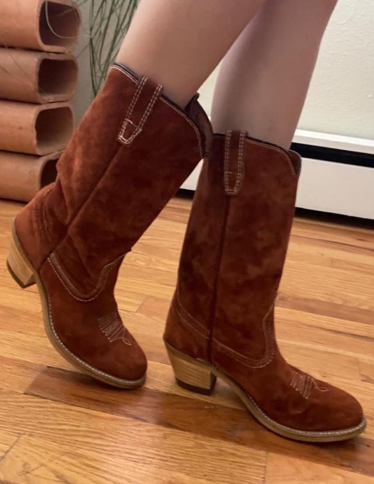 Wolverine Women’s Brown Suede Western Pull-On Mid-Calf Boots Embroidered 6.5