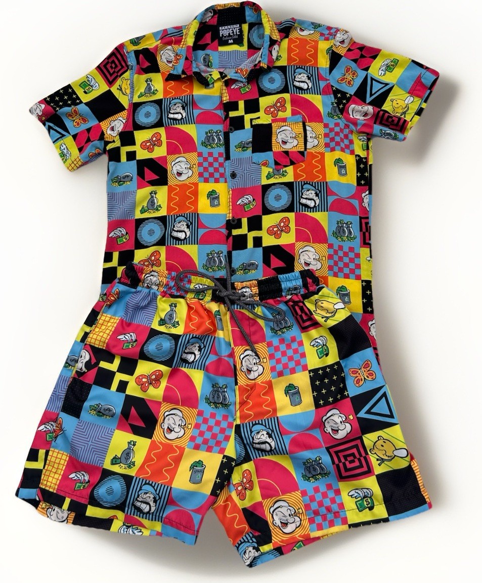 Reason Popeye Matching Set Mens M Button Shirt Swim Trunks Retro Graphic