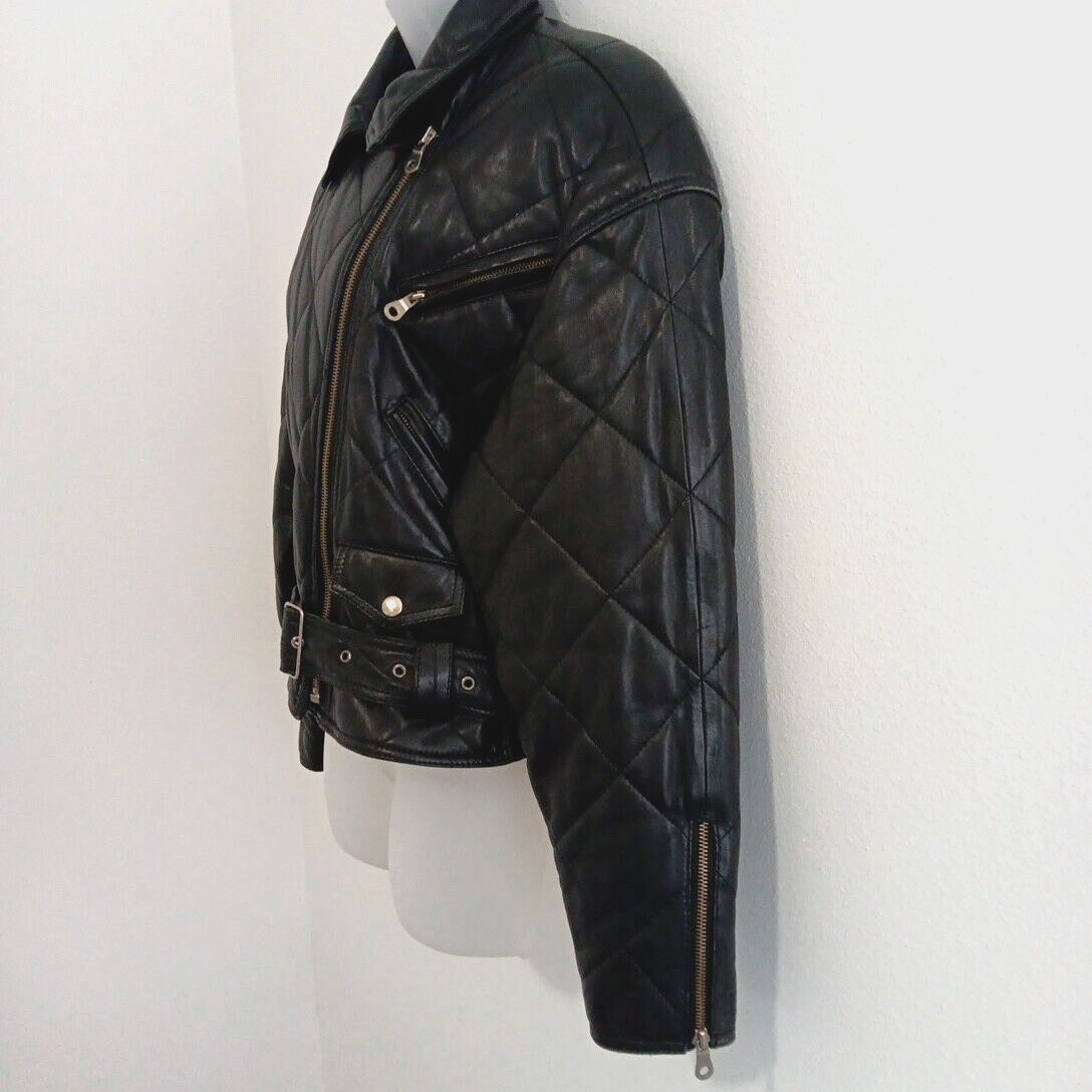 VTG Leather Jacket Womens Medium MOTO Black Belted Motorcycle Punk Rock Street