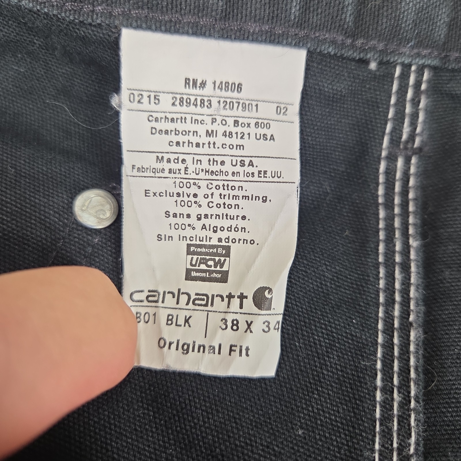 Carhartt Black Double Knee Work Pants Mens 38X34 Mens Original Fit Union Made