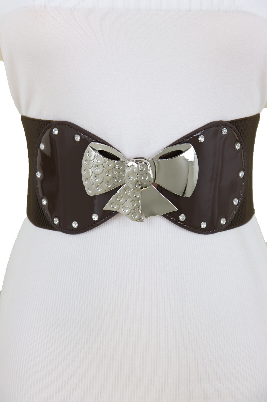 Women Dark Brown Wide Old School Fun Belt Silver Metal Bow Tie Ribbon Buckle S M