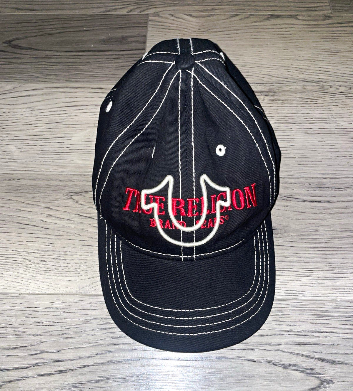 True Religion Black/Red Strapback Embroidered Logo Baseball Cap Hat One Size