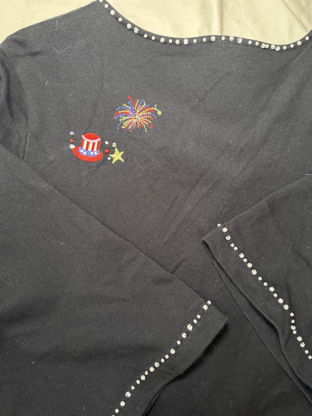 Quacker Factory Patriotic Embroidered Rhinestone Beaded Top Grandma 3/4 Sleeve