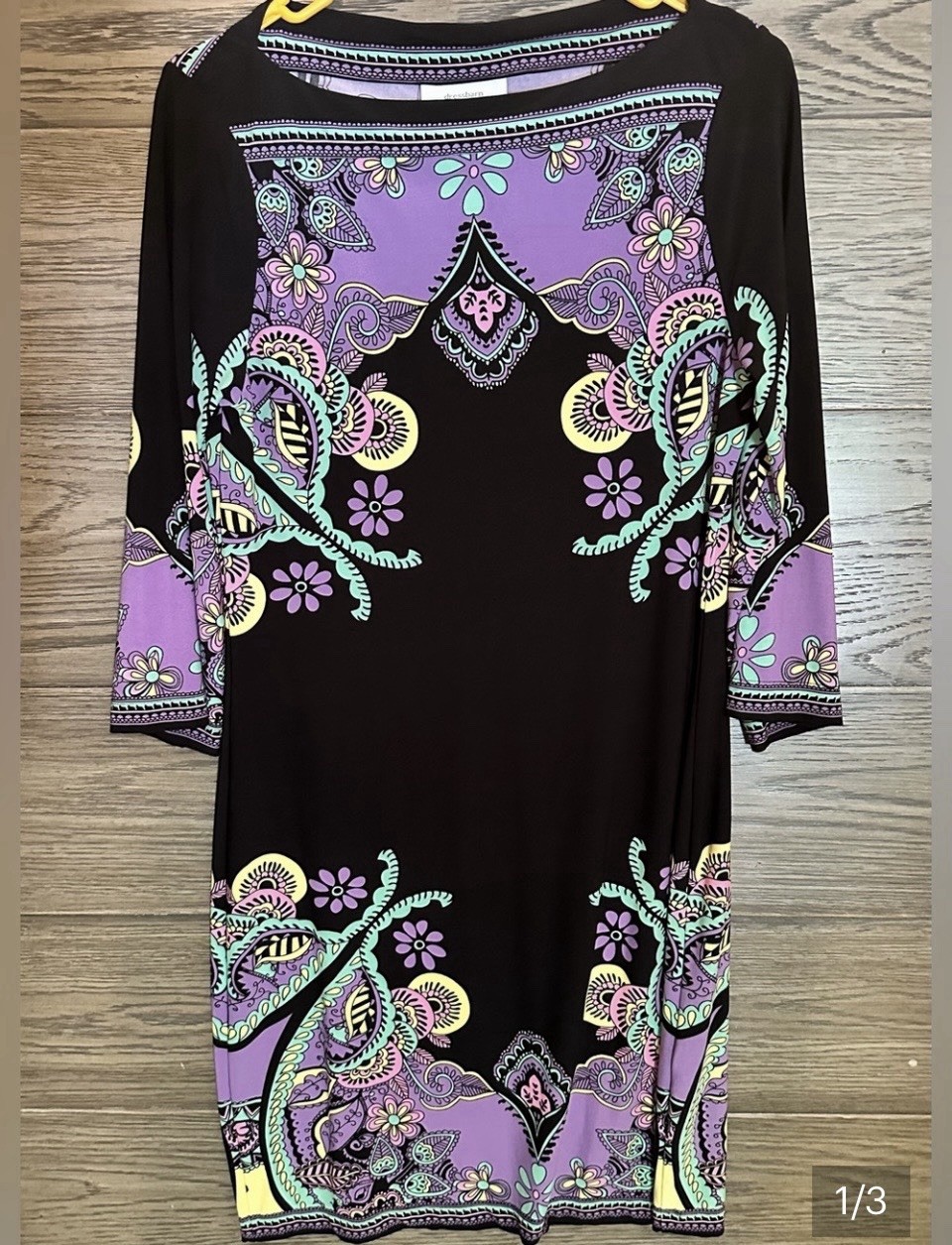 dressbarn Size 8 Shift Dress Black Purple Green Paisley Boat Neck 3/4 Sleeve