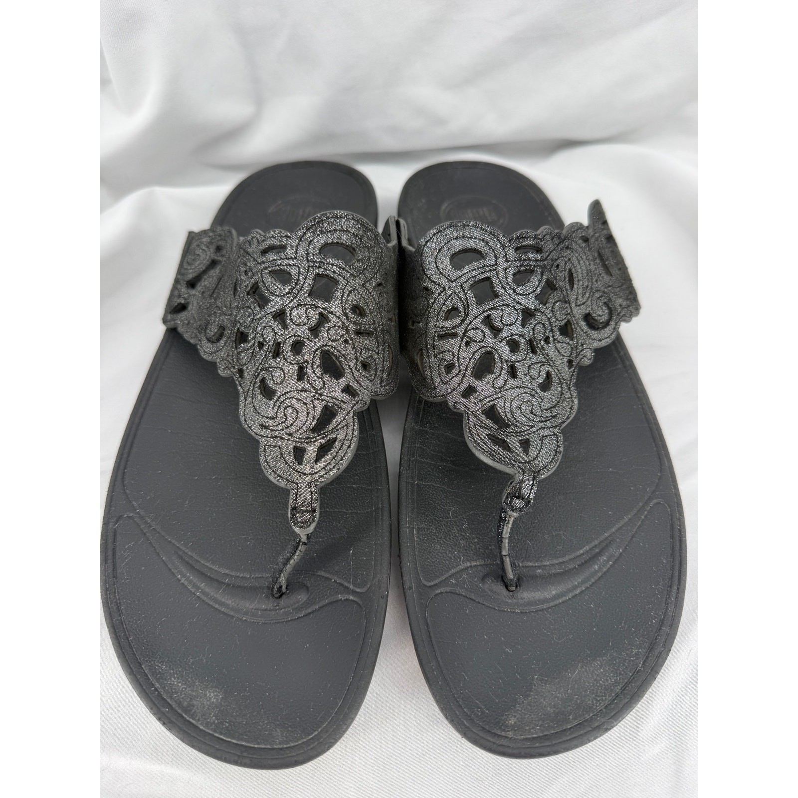 FitFlop Electra MicroWobbleboard Thong Wedge Sandals Black Shimmer Women’s US 10