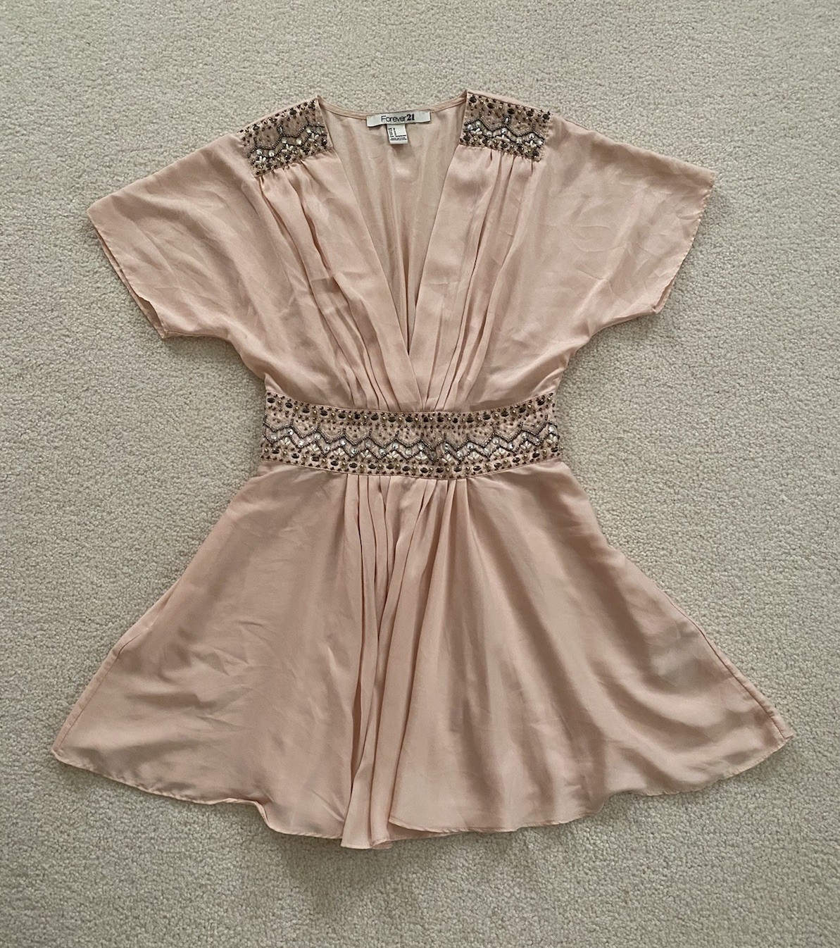 Forever 21 Peach Beaded Romantic Ethereal Babydoll V-Neck Top Short Sleeve ~ S