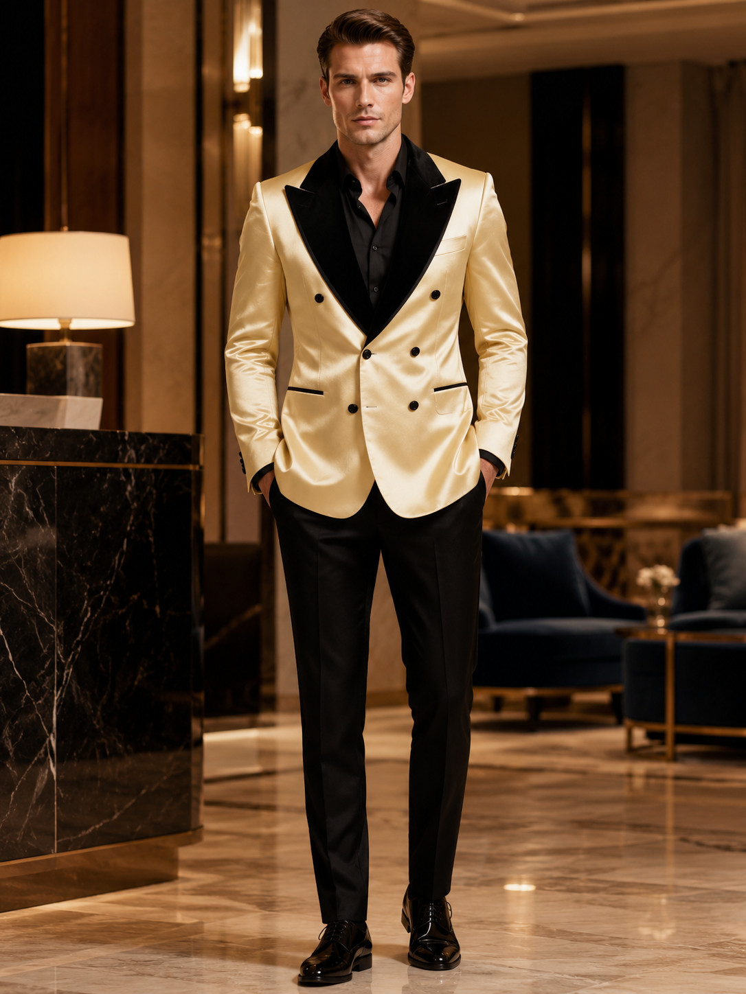 Mens Champagne Gold Satin Tuxedo Jacket Black Pants Wedding Prom Party Formal