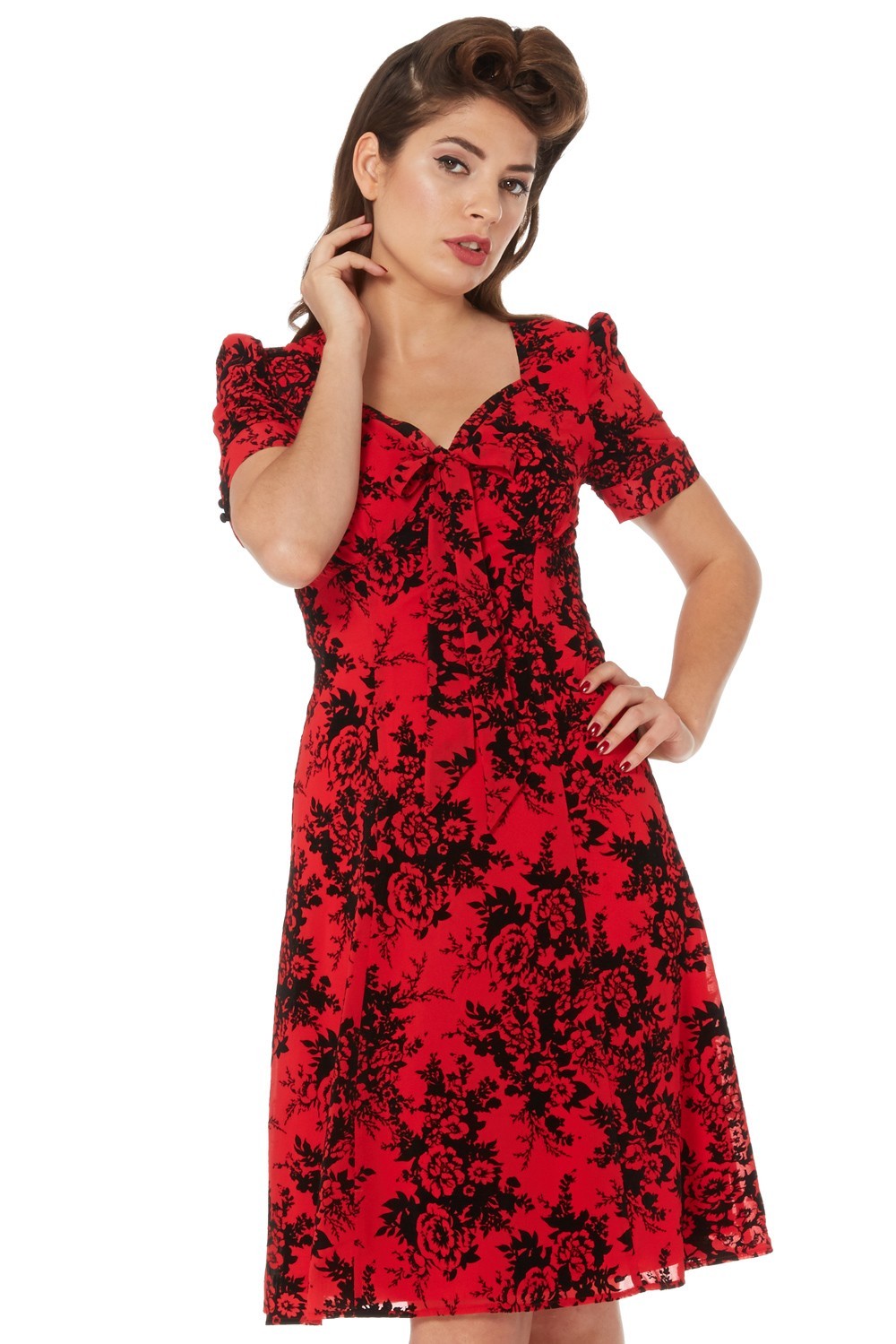 VOODOO VIXEN RETRO PIN UP 50s BRITANNY FLOCKED CHIFFON RED ROSE DRESS DRA8091