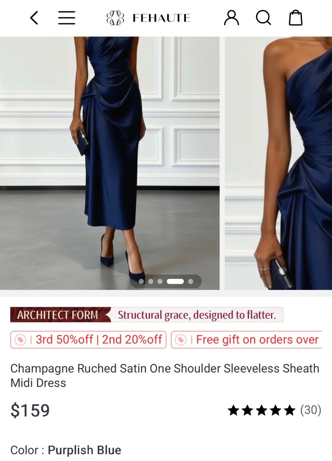 Fehaute – Navy Ruched Satin One Shoulder Sleeveless Sheath Midi Dress