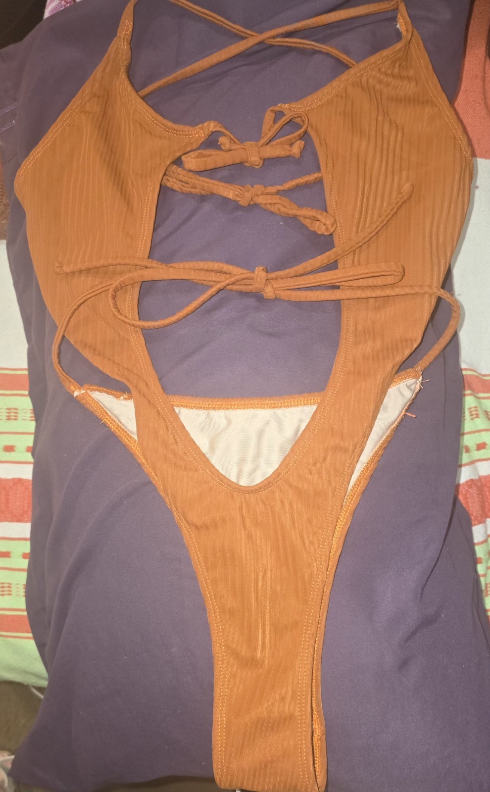 Women’s Orange Ribbed Cutout Halter One Piece Swimsuit Thong Tie Front L/one-sz