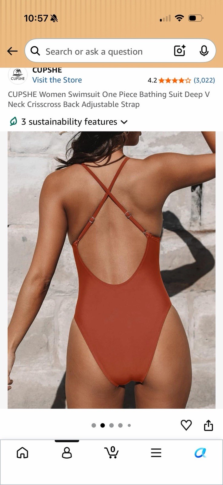 CUPSHE Women’s Orange Solid One-Piece Swimsuit XL D Deep V Crisscross Back