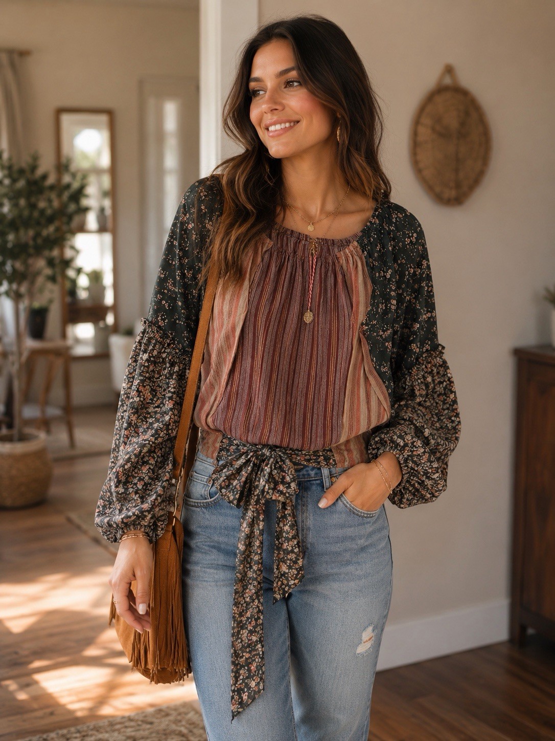 NWT Umgee Floral Patchwork Blouse with Balloon Sleeves & A Front Tie Detail. M