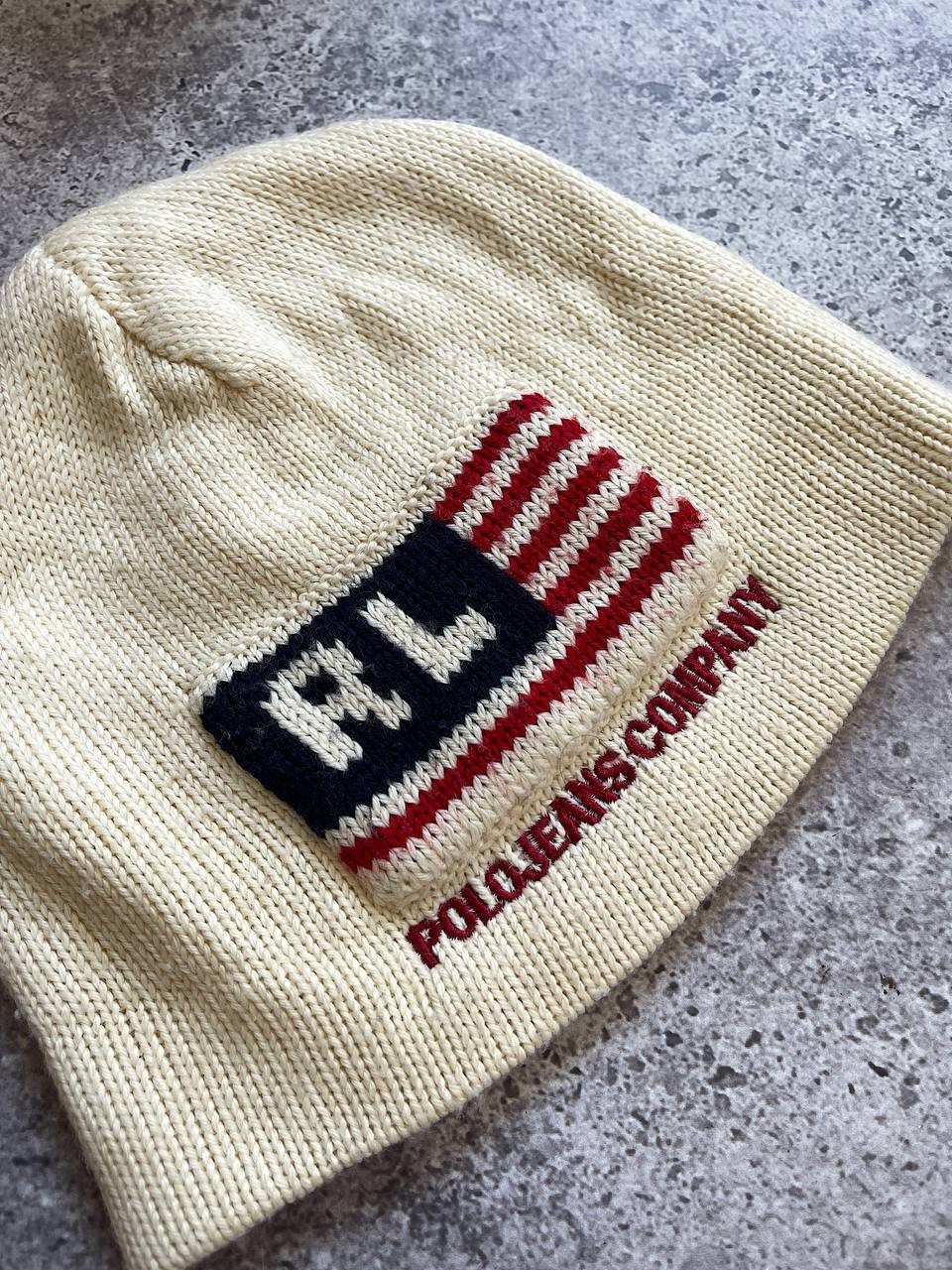 Vintage Polo Jeans Company RL USA Flag Knit Beanie Hat Cream One Size