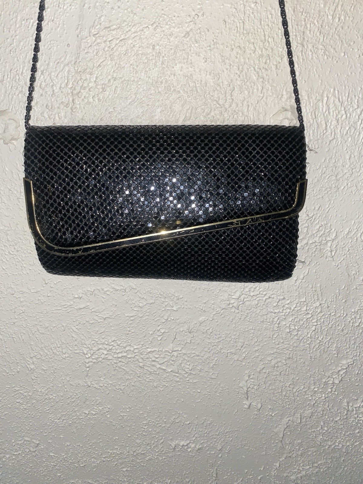 Black Mesh Chain Strap Shoulder Bag Purse, Gold Hardware, Snap, Zip Pocket