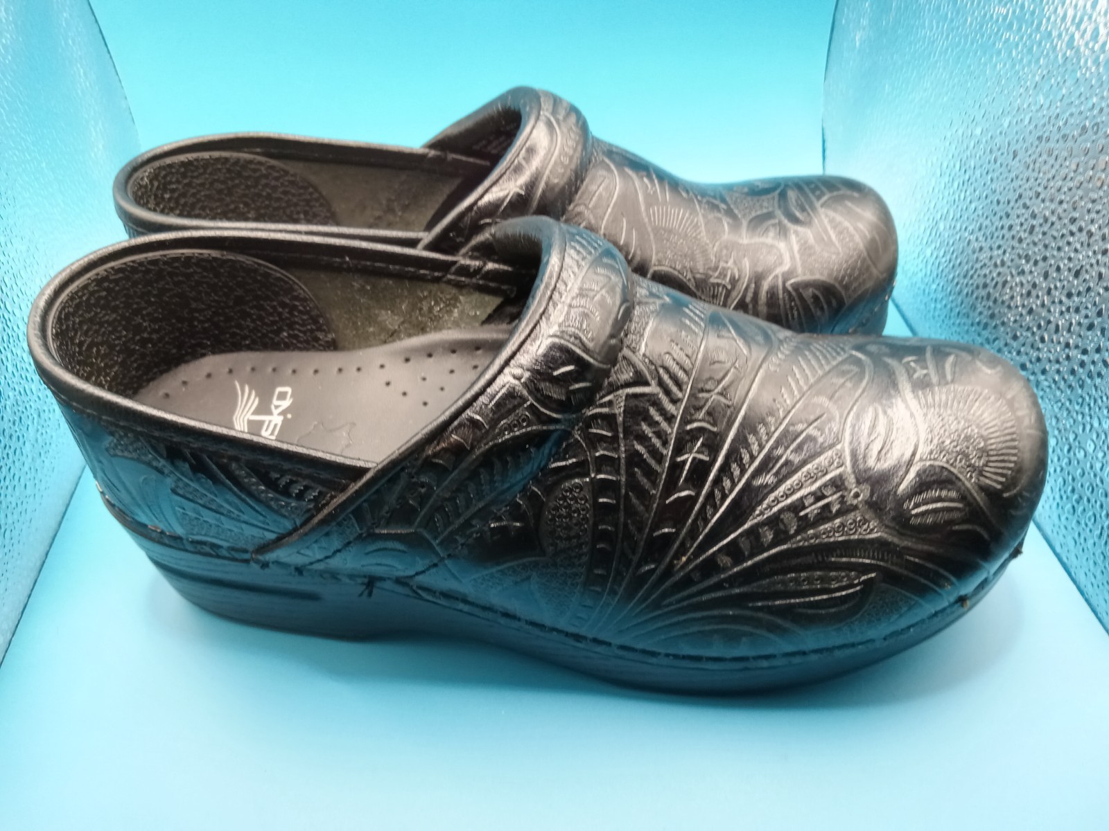 Dansko Clogs Womens 37 EU 6.5 US Antique Tooled Leather Black Paisley Shoes