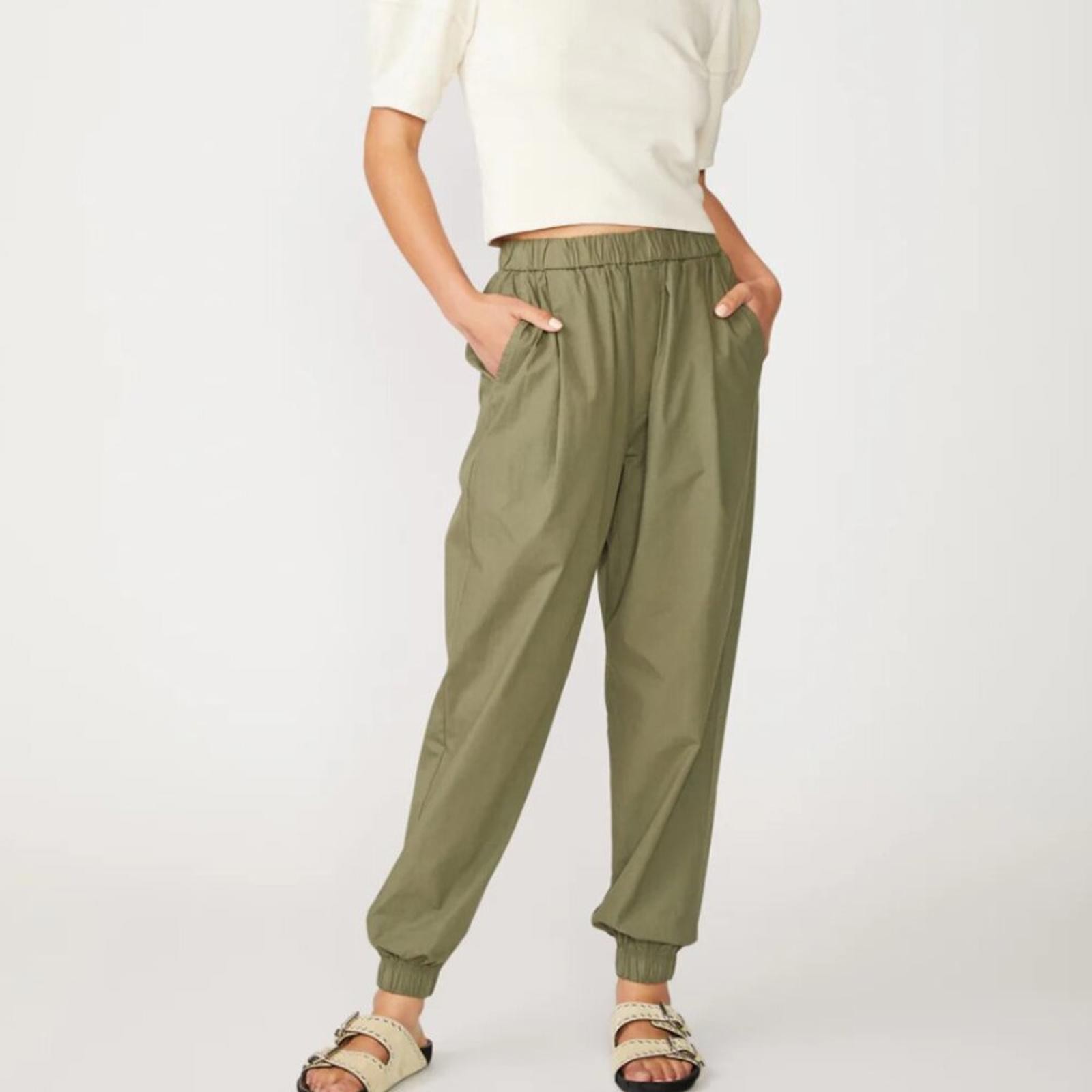STATESIDE Structured Poplin Pleated Jogger Pant Artichoke Green Women’s M $186