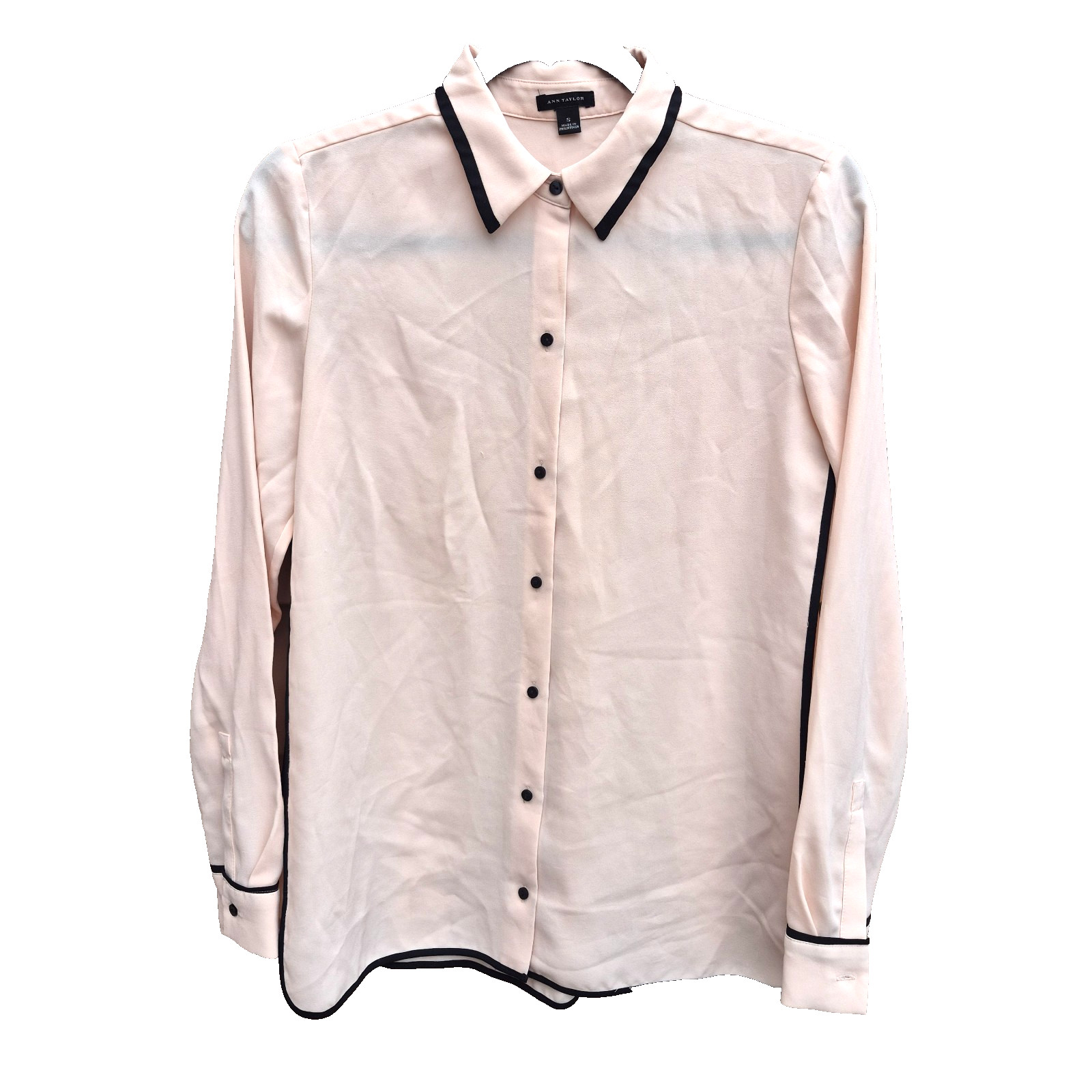 Ann Taylor Cream Contrast Trim Collared Front Button-Up Long Sleeve Blouse Sz s