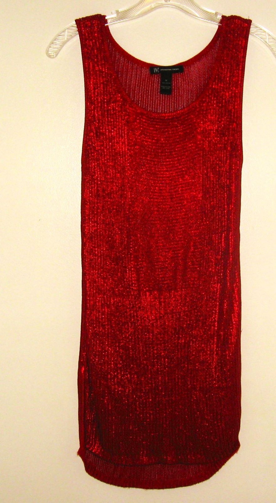 INC INTERNATIONAL CONCEPTS METALLIC RED KNIT SCOOP NECK TUNIC TOP – SIZE MEDIUM