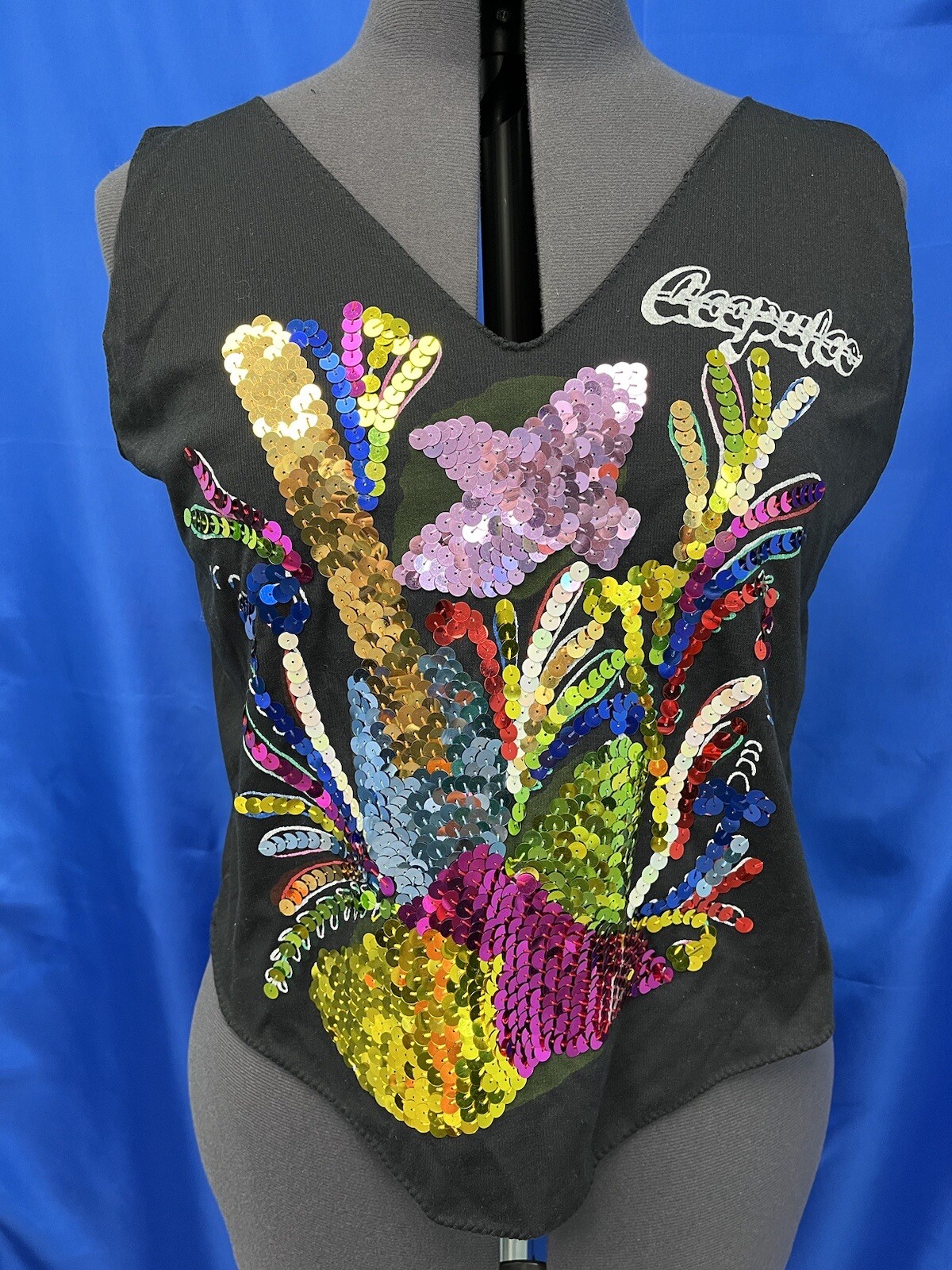 Women’s Vintage 80’s Sequin Dance Club T-Shirt M-L Black Knit Fame Flashdance 