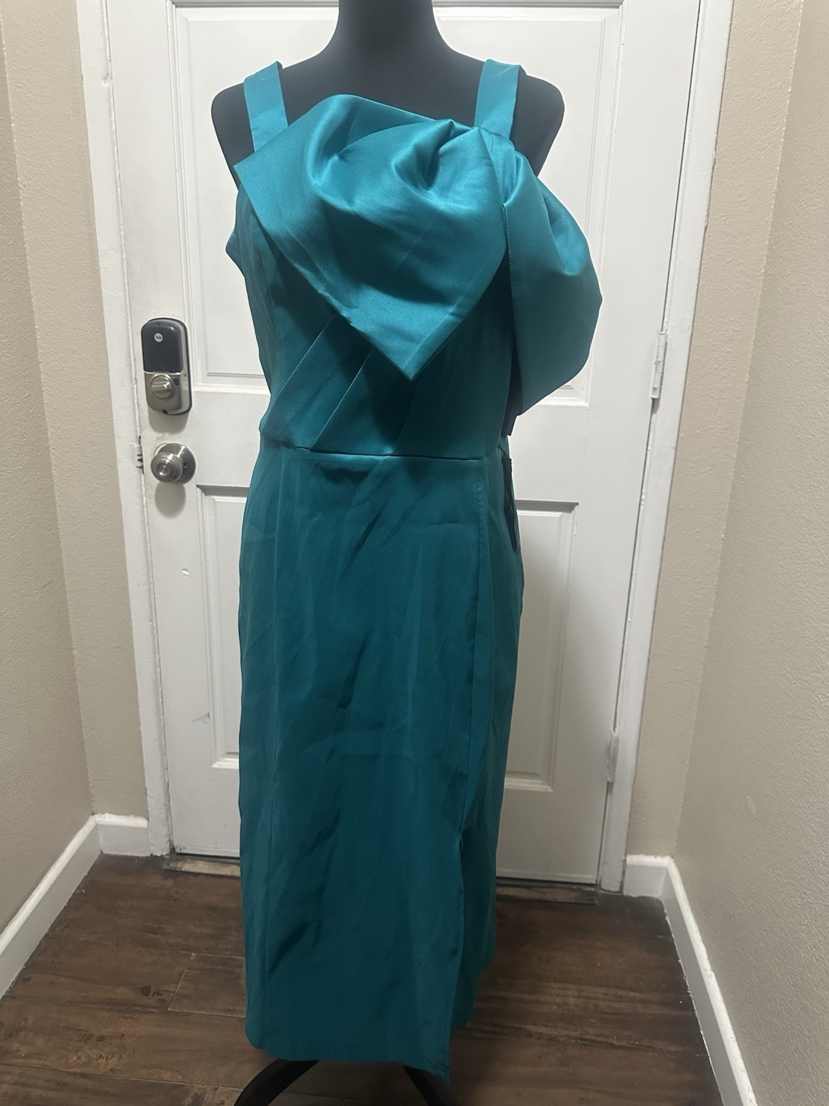 White Tie by SHANI Teal Satin Sheath Long Dress Bow Side Slit Square Neck 12