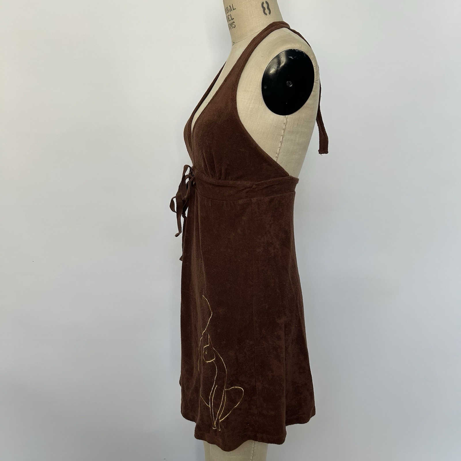Baby Phat Brown terry cloth halter dress with gold cat outline