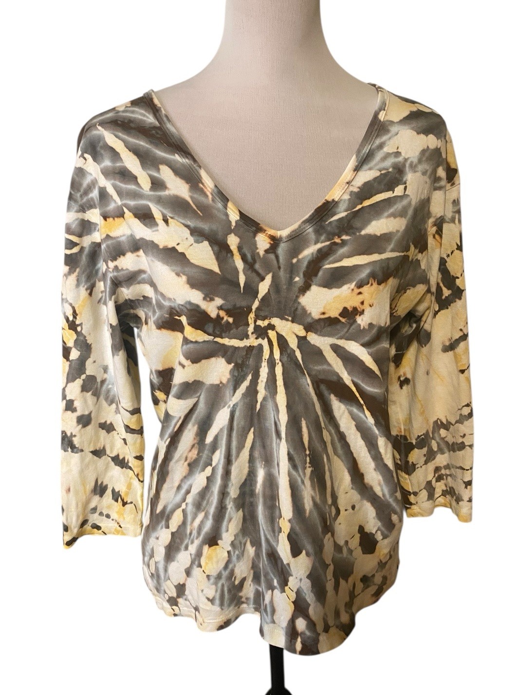 Glima 100% Cotton Boho V-neck 3/4 Sleeve Shirt Yellow Gray XL