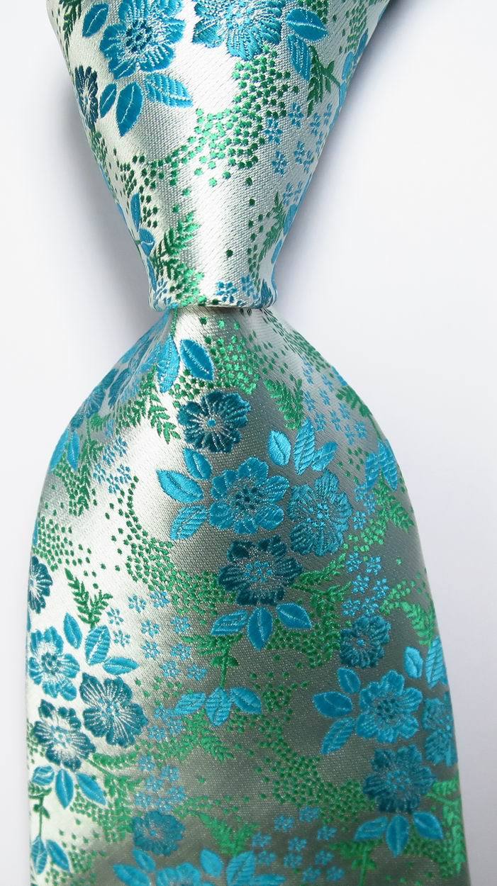 Classic Floral Jacquard Woven Silk Mens Tie Light Blue White Green Formal Neckwe