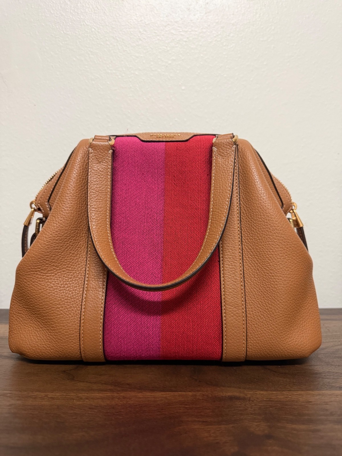 kate spade shoulder handbag tan with red and pink stripes