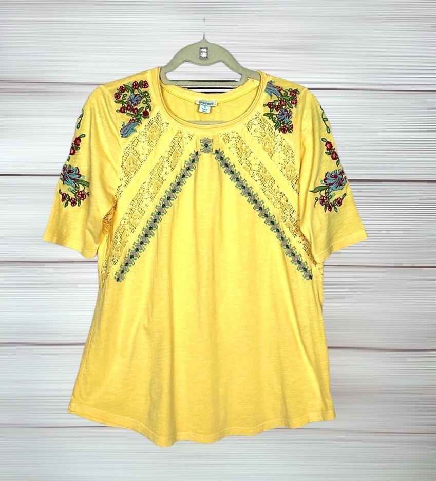 Sundance Yellow Floral Embroidered Lace Peasant Blouse Top T-Shirt Relaxed S