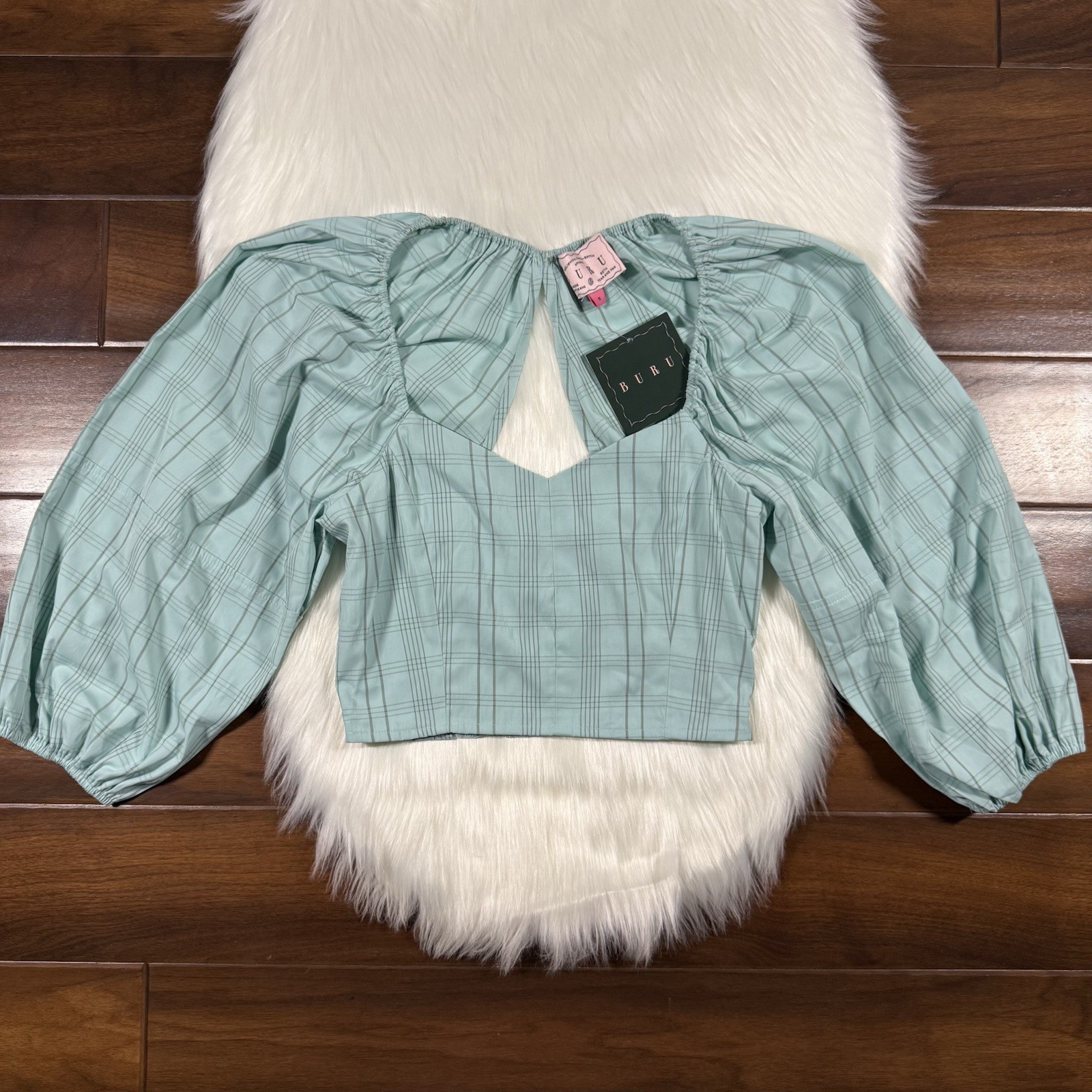 Buru Size Small Aqua Stripe Sweetheart Neck Balloon Sleeve Bustier Cropped Top