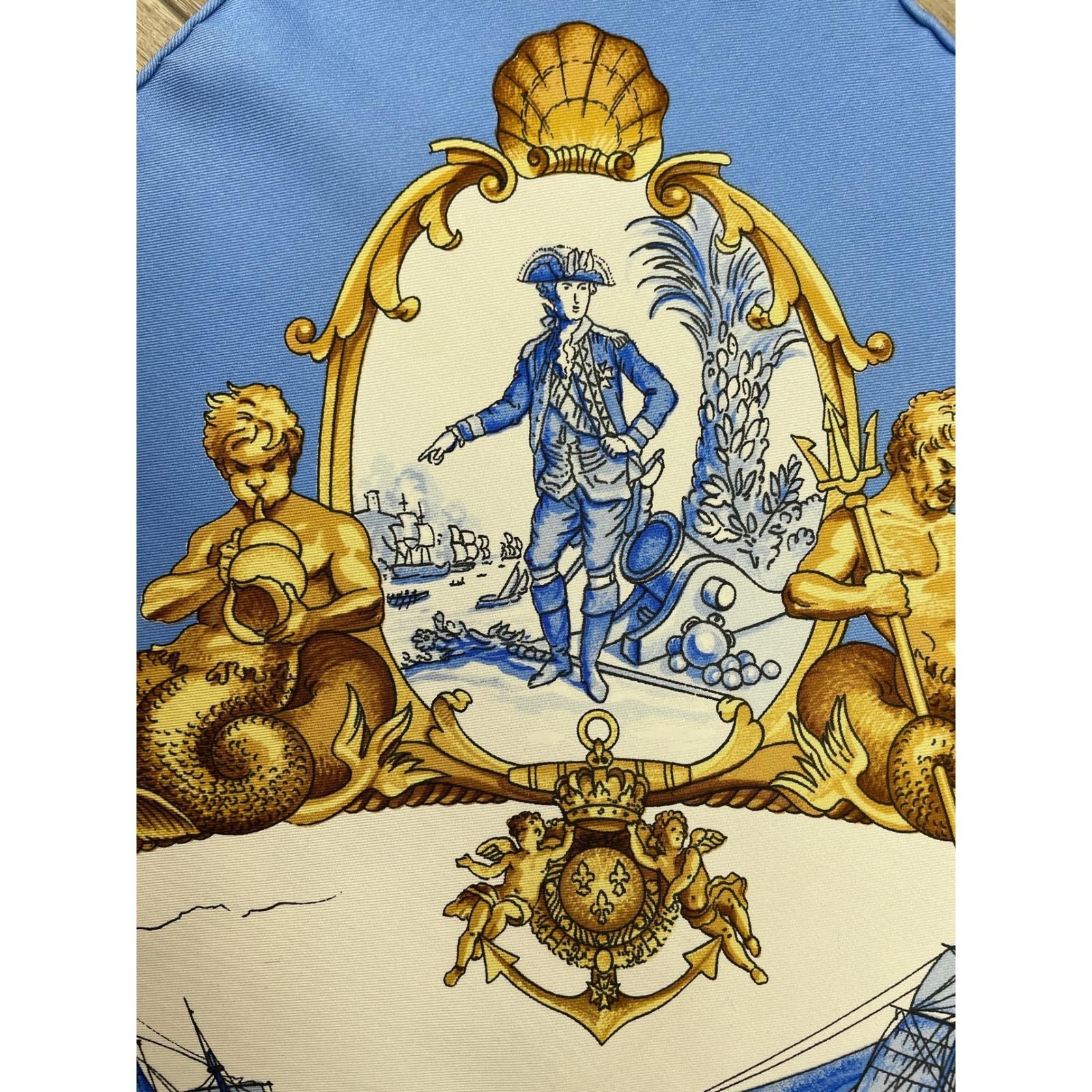 Hermes Silhovettes Navales Silk Scarf Blue Philippe Ledoux Nautical 35in Square