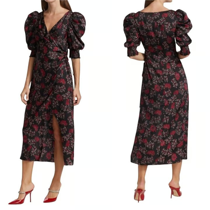 Cinq A Sept Tumbled Daisy Kacy Wrap Dress Raspberry Size 4 Puff Sleeve $425