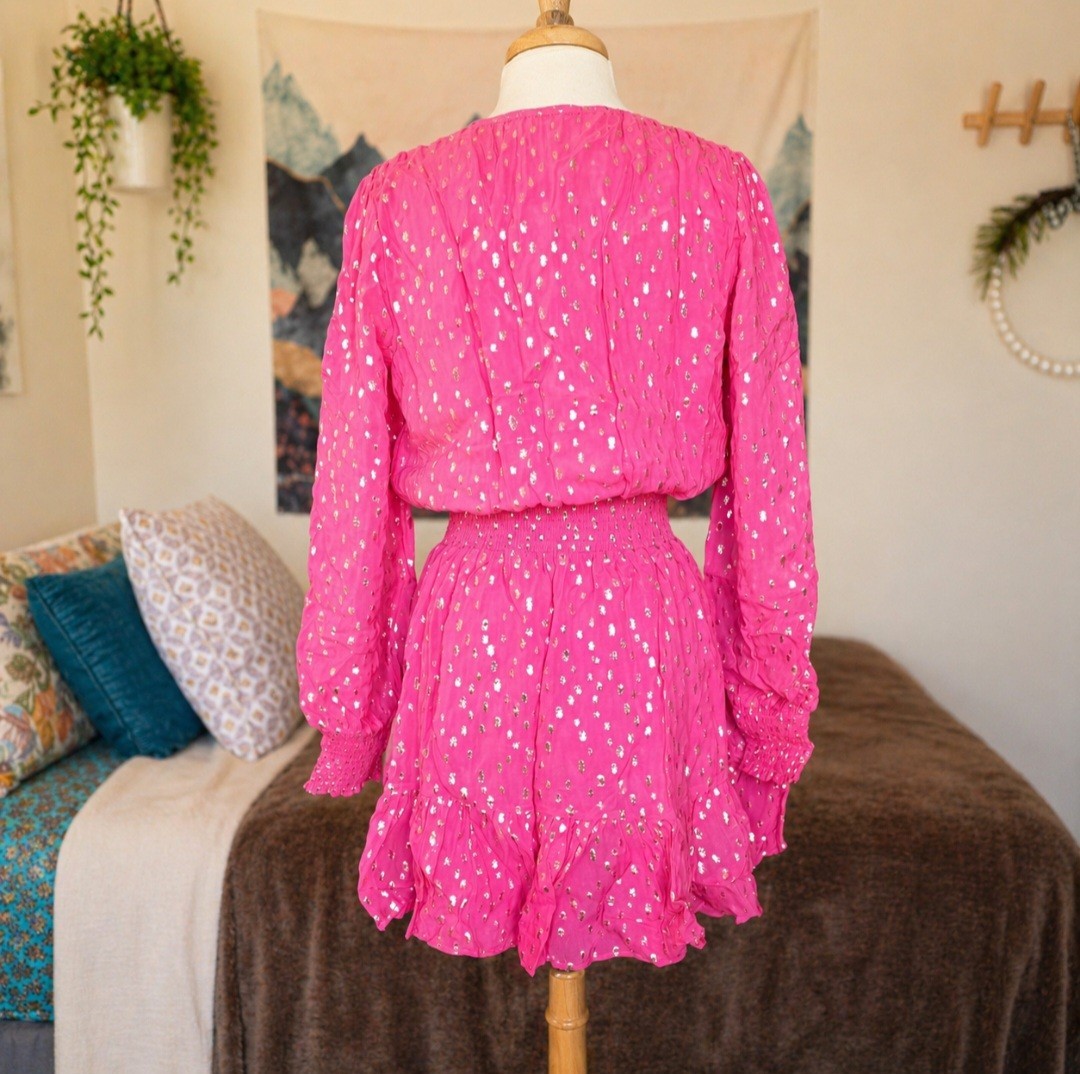 Lilly Pulitzer Cristiana Dress 12 Aura Pink Metallic Clip Dot Ruffle Smocked NWT