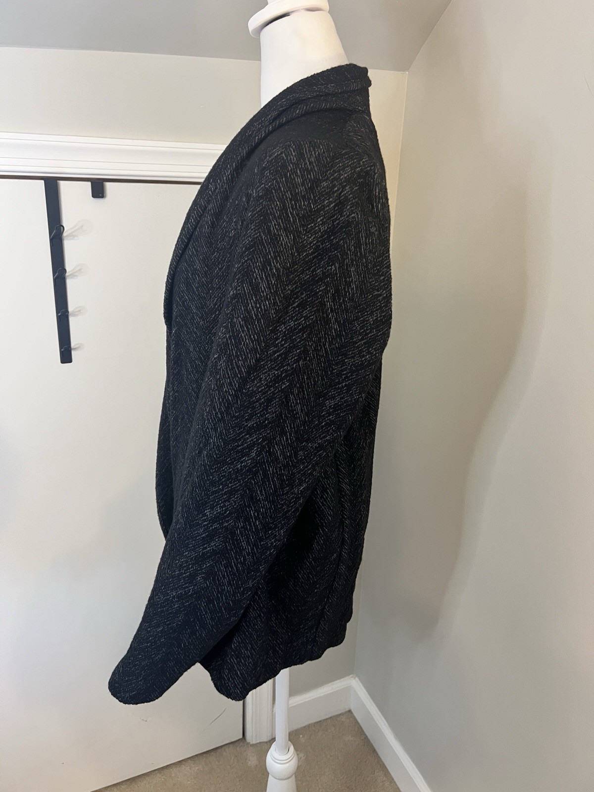 Eileen Fisher Herringbone Gray And Black Black Wool Blend Blazer Jacket Large