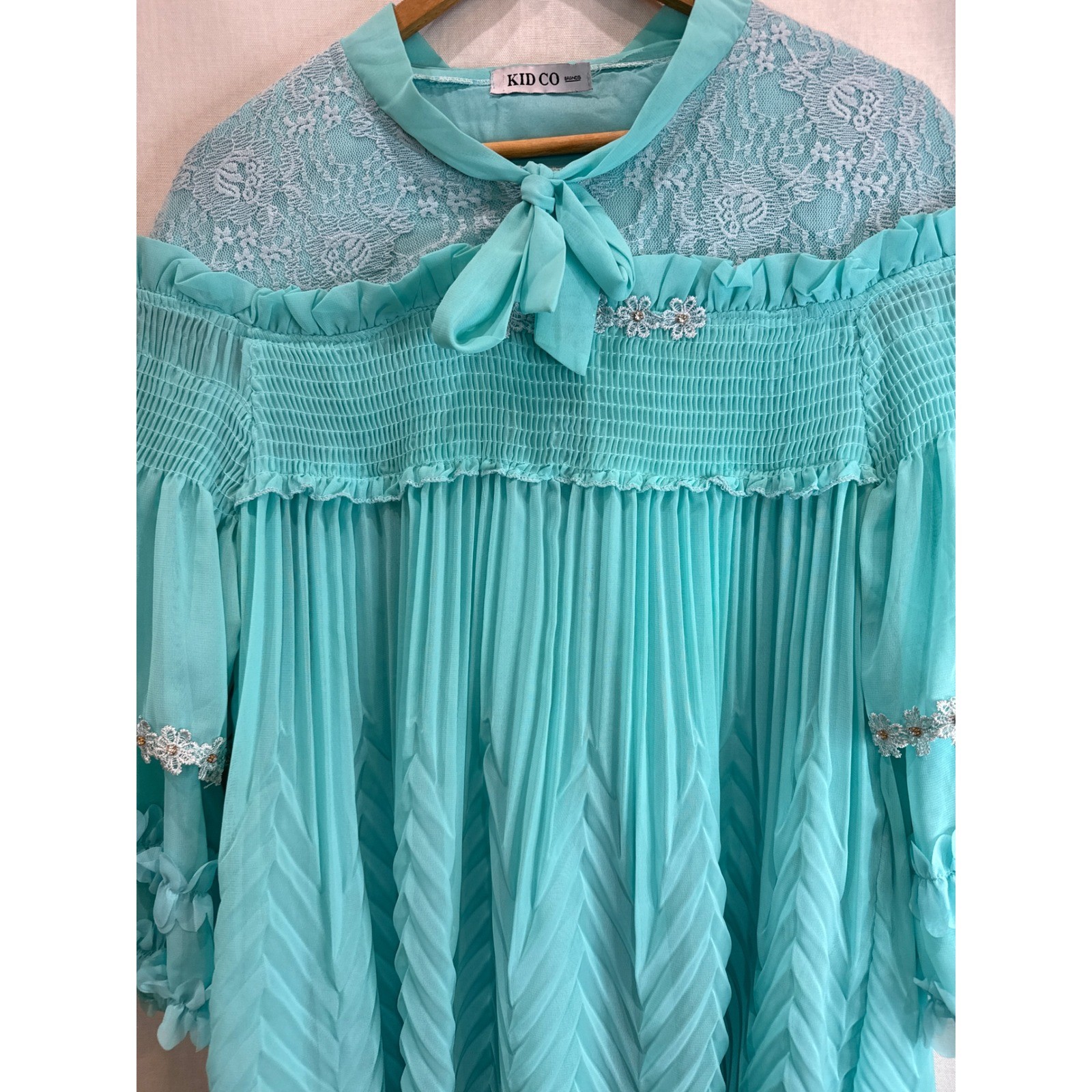 KID CO Aqua Blue Lace Trim Pleated Tunic Dress Teen 16/ Small Adult Rhinestone