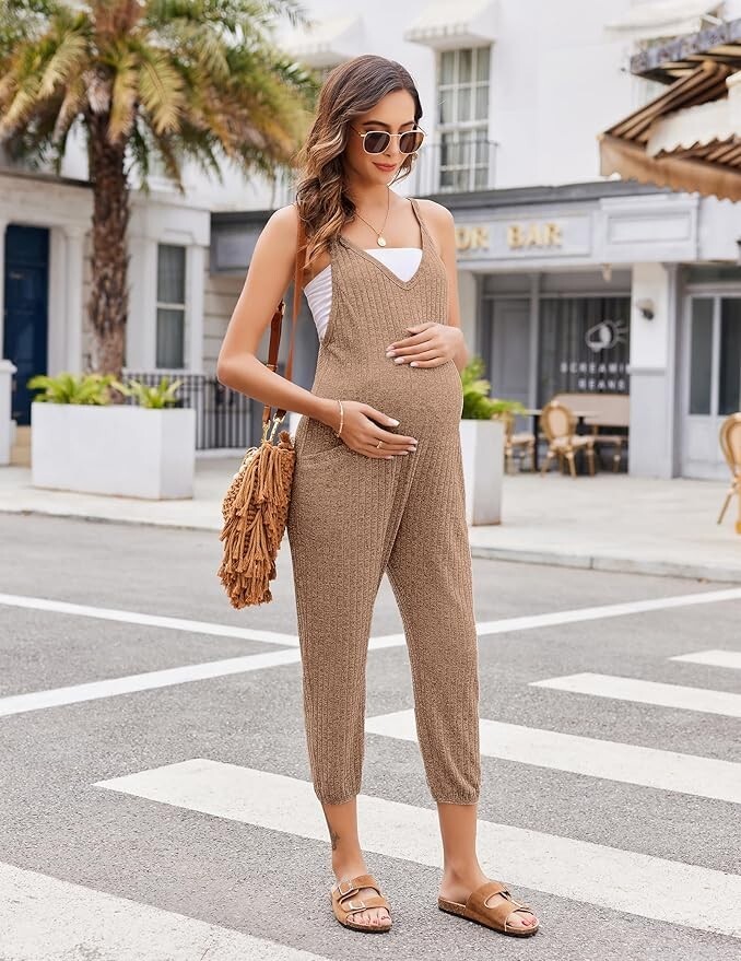 Ekouaer Jumpsuit, Sleeveless, Spaghetti Strap, Ribbed, V Neck, Brown/Beige Gray