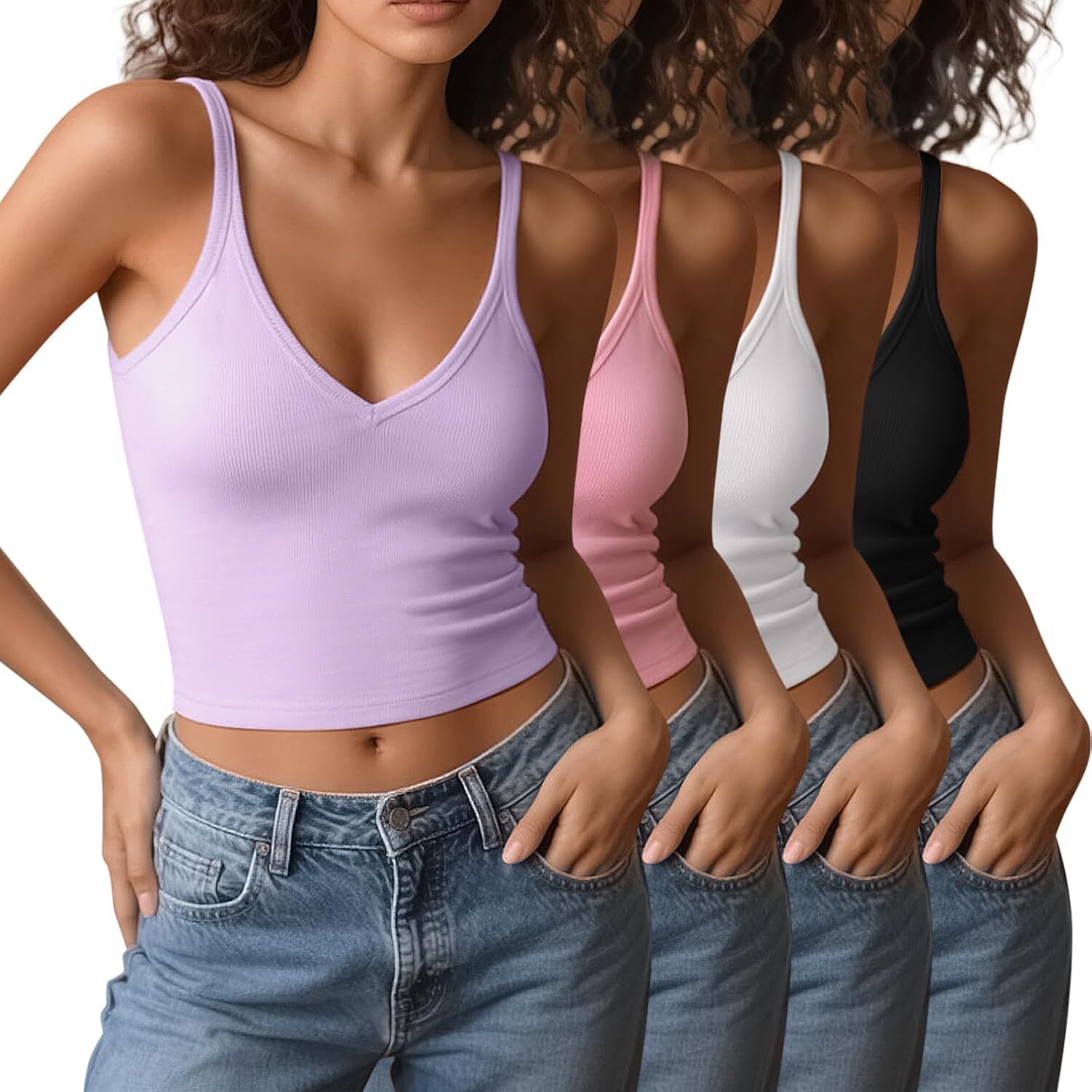 Womens V Neck Spaghetti Strap Crop Tank Tops 4 Pack Cotton Fitted Cami Summer