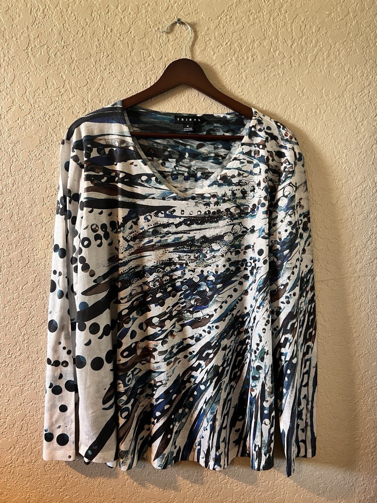 🐝XL Tribal Women Long Sleeve Boho Abstract Print Top Blouse Shirt🐝