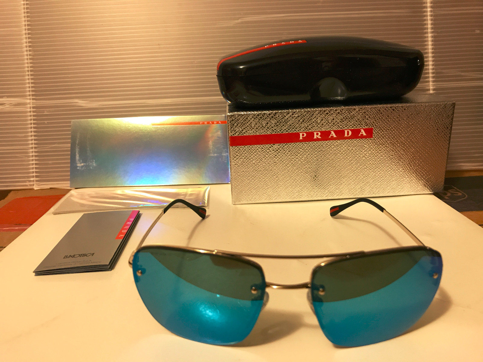 NEW Prada Sport LINEA ROSSA PS52RS ZVN5M2 PALE GOLD / GREY WITH BLUE MIRROR