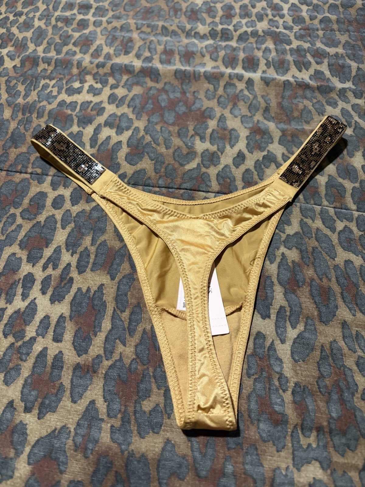 Victoria’s Secret Gold Satin Leopard Shine Rhinestone Strap Thong NWT S/M/XL