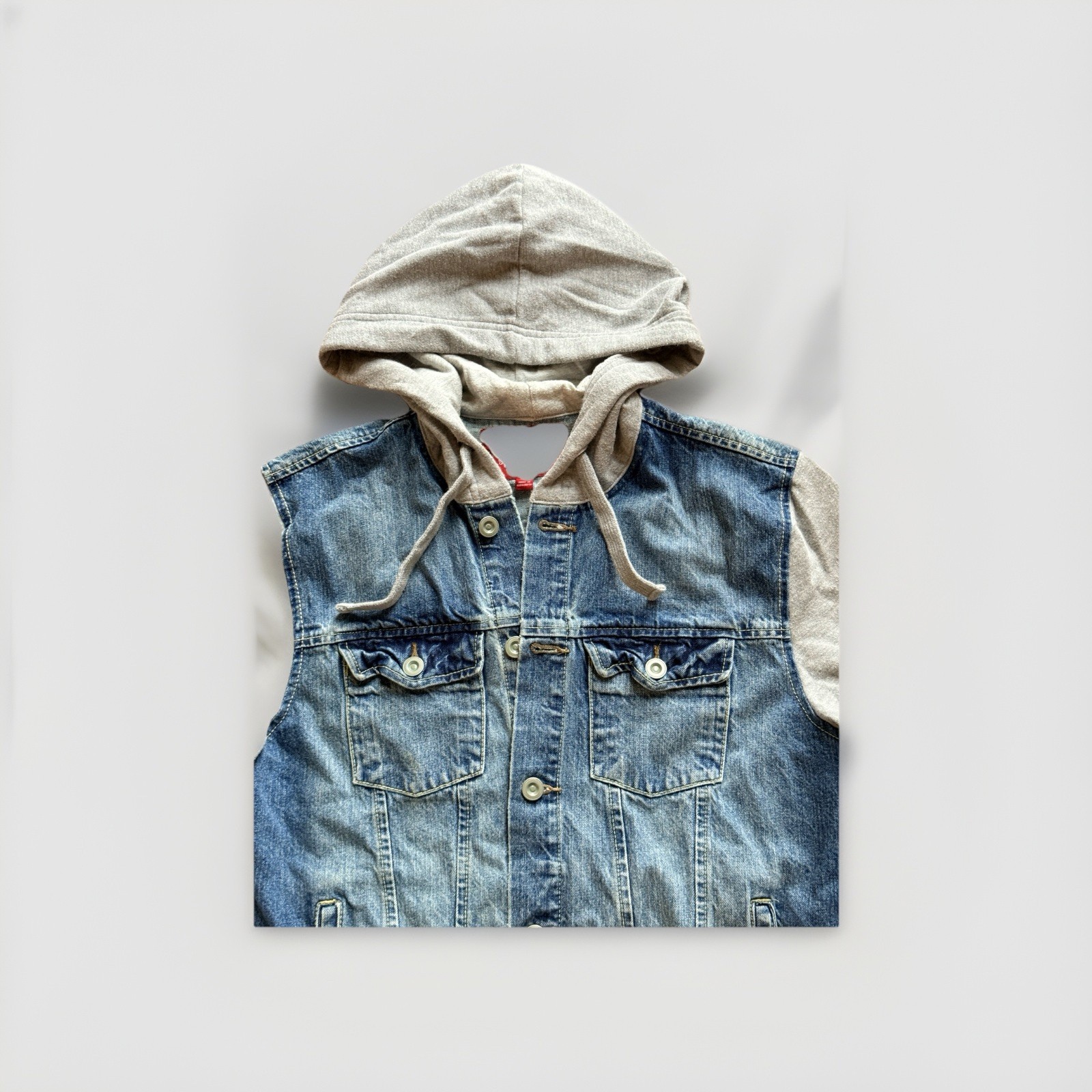 Arizona Jean Hooded Jacket Sz S Denim Button Up Blue Hybrid Trucker Distressed