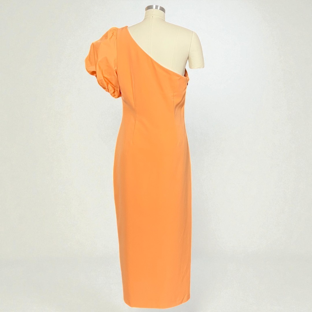 Ralph Lauren Annona One Shoulder Orange Puff Sleeve Midi Cocktail Dress 10