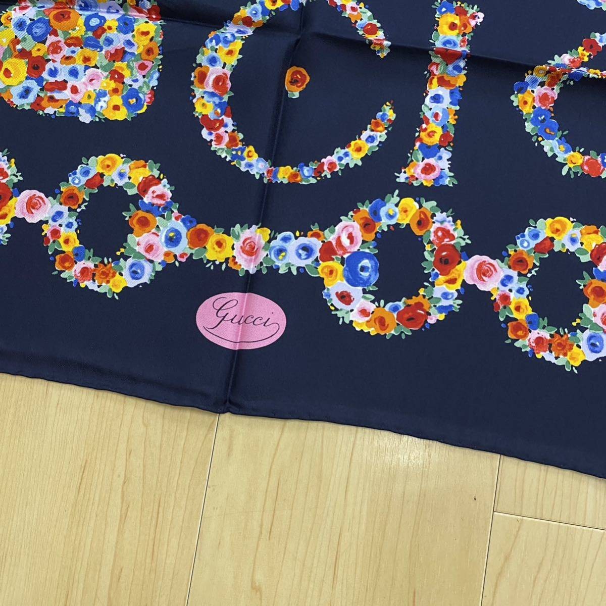 GUCCI Scarf Small Floral Pattern Logo Navy no.17 Japan