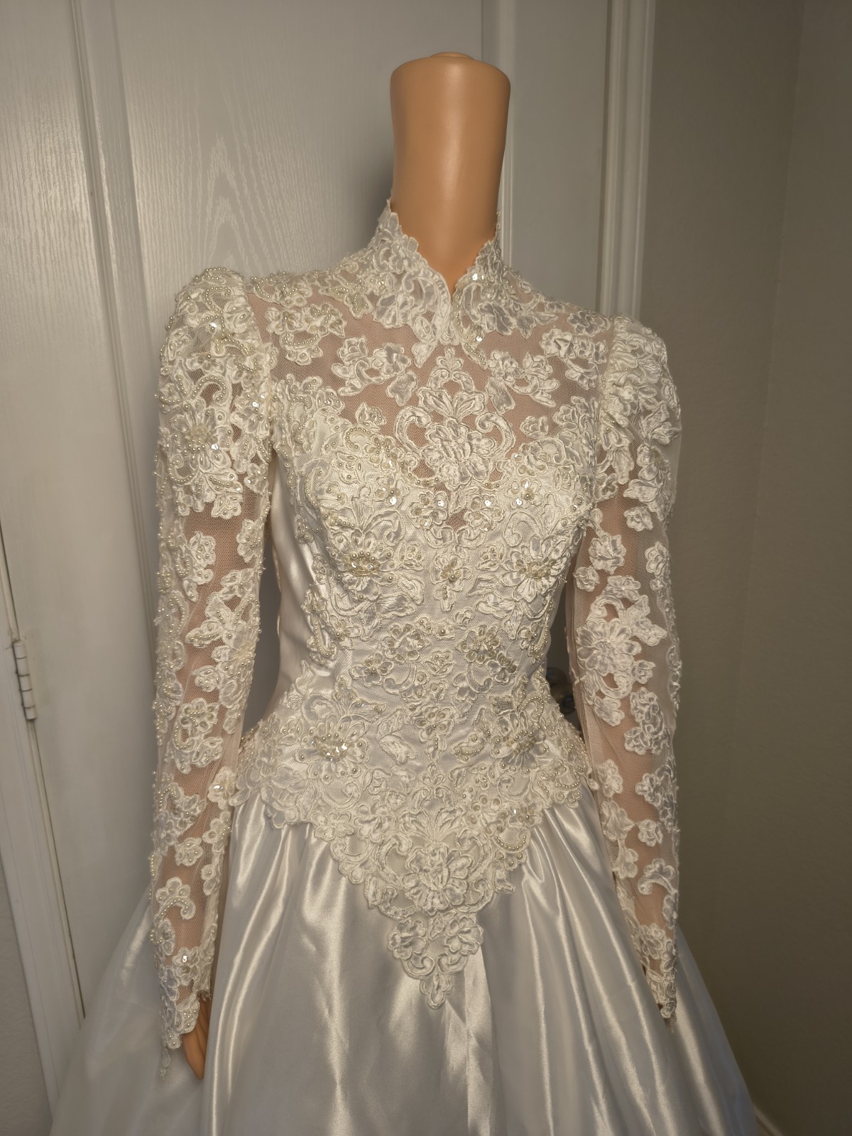 Vintage Victorian High Neck Wedding Dress Satin Lace 80s 90s Size 8 Mori Lee -43