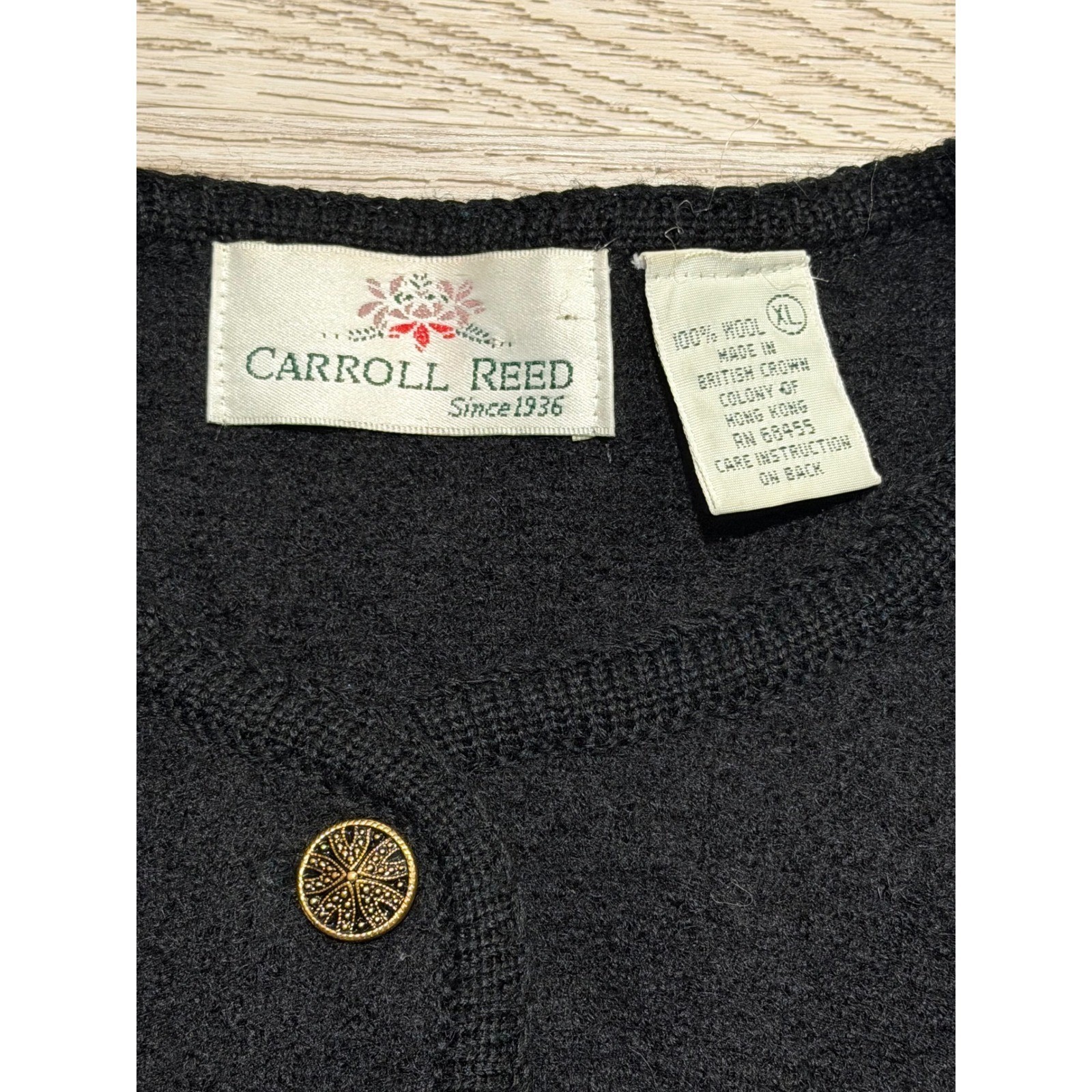 Carroll Reed Vintage 100% Wool Black Cardigan Crochet Detail Gold Button XL